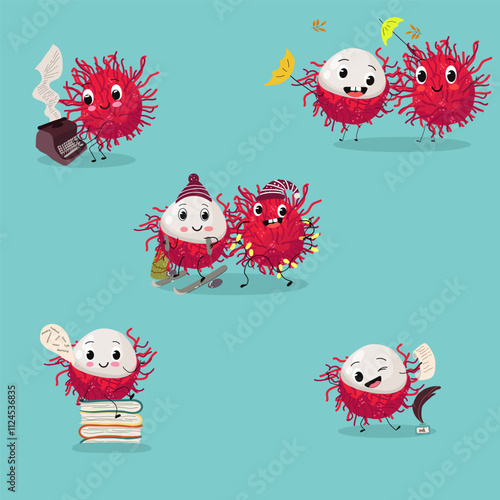 Rambutan fruit cute funny cheerful characters set. Vector hand drawn illistration.