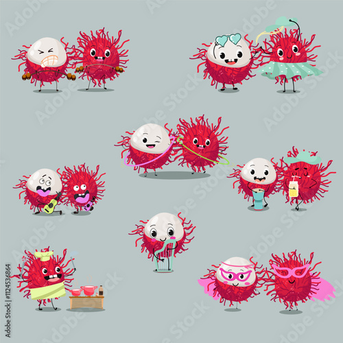 Rambutan fruit cute funny cheerful characters set. Vector hand drawn illistration.