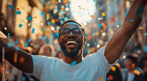 A happy group of business people are celebrating their success in the street, with confetti and cheerful expressions. A Black man wearing glasses stands out as he raises his arms t photo