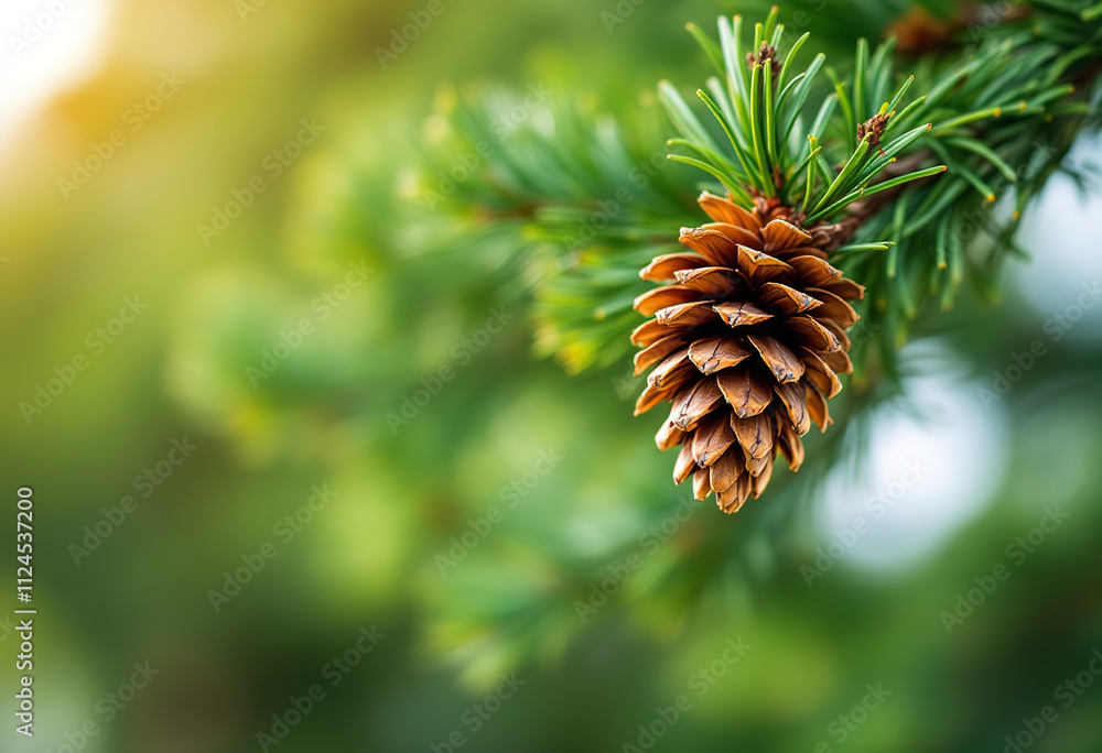 A close-up of a pine cone on a pine tree branch with blurred green foliage in the background A close-up of a pine cone on a pine tree branch with blurred green foliage in the background