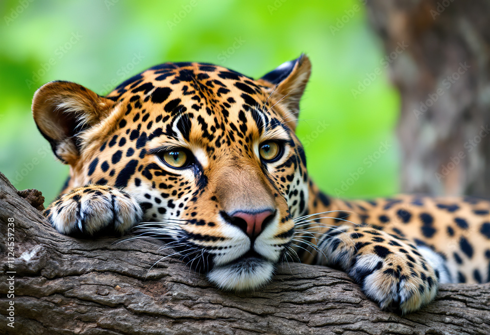 A close-up of a jaguar with its head resting on a branch. The jaguar has a distinctive spotted coat pattern and intense eyes, and is set against a vibrant green background A close-up of a jaguar with its head resting on a branch. The jaguar has a distinctive spotted coat pattern and intense eyes, and is set against a vibrant green background