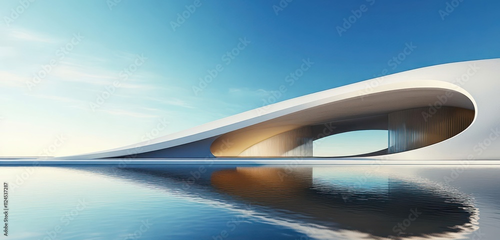 Minimalist Architecture with Sweeping Curves and Abstract Geometric Design in Futuristic Landscape with Bright Blue Sky and Reflective Water Minimalist Architecture with Sweeping Curves and Abstract Geometric Design in Futuristic Landscape with Bright Blue Sky and Reflective Water