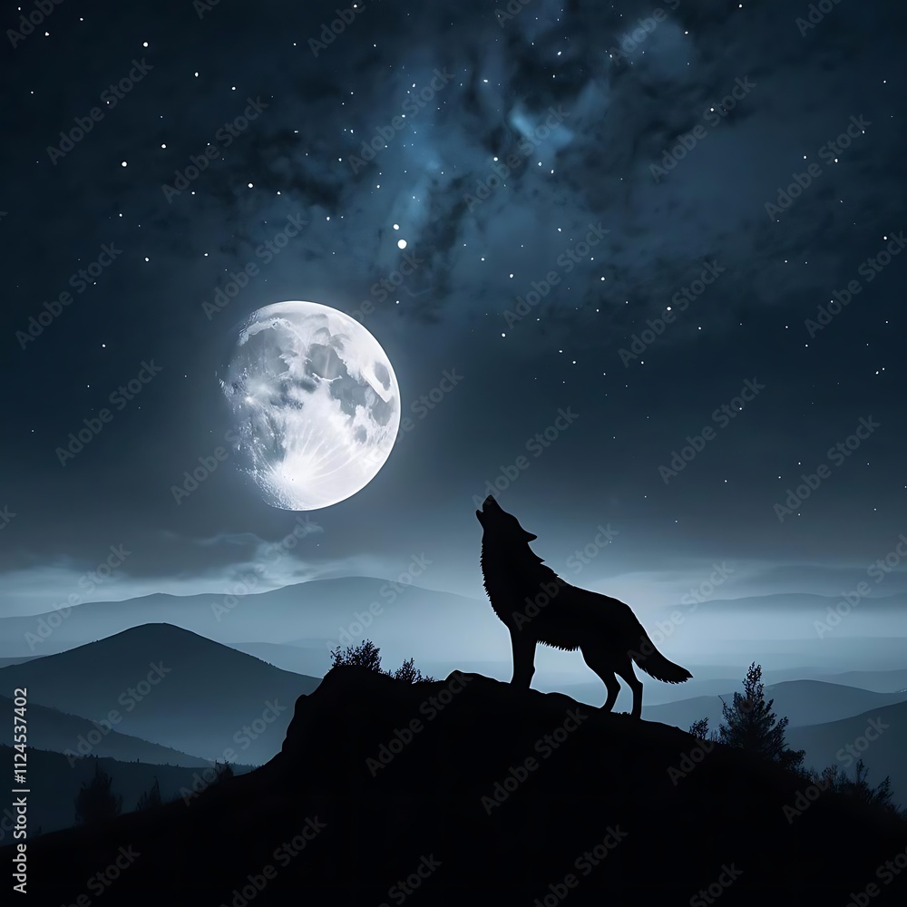 Wolf Howling at the Moon Silhouette Against a Starry Night Sky. generated by ai. Wolf Howling at the Moon Silhouette Against a Starry Night Sky. generated by ai.