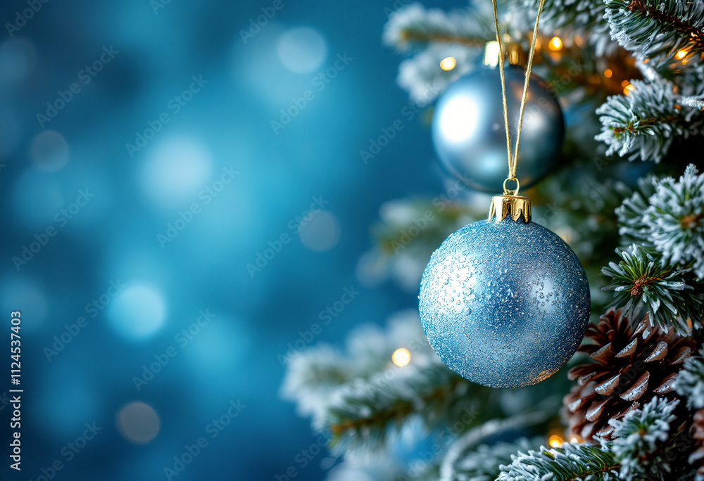 A close-up view of a Christmas tree decoration with silver and blue ornaments, pine cones, and evergreen branches against a blurred blue background A close-up view of a Christmas tree decoration with silver and blue ornaments, pine cones, and evergreen branches against a blurred blue background