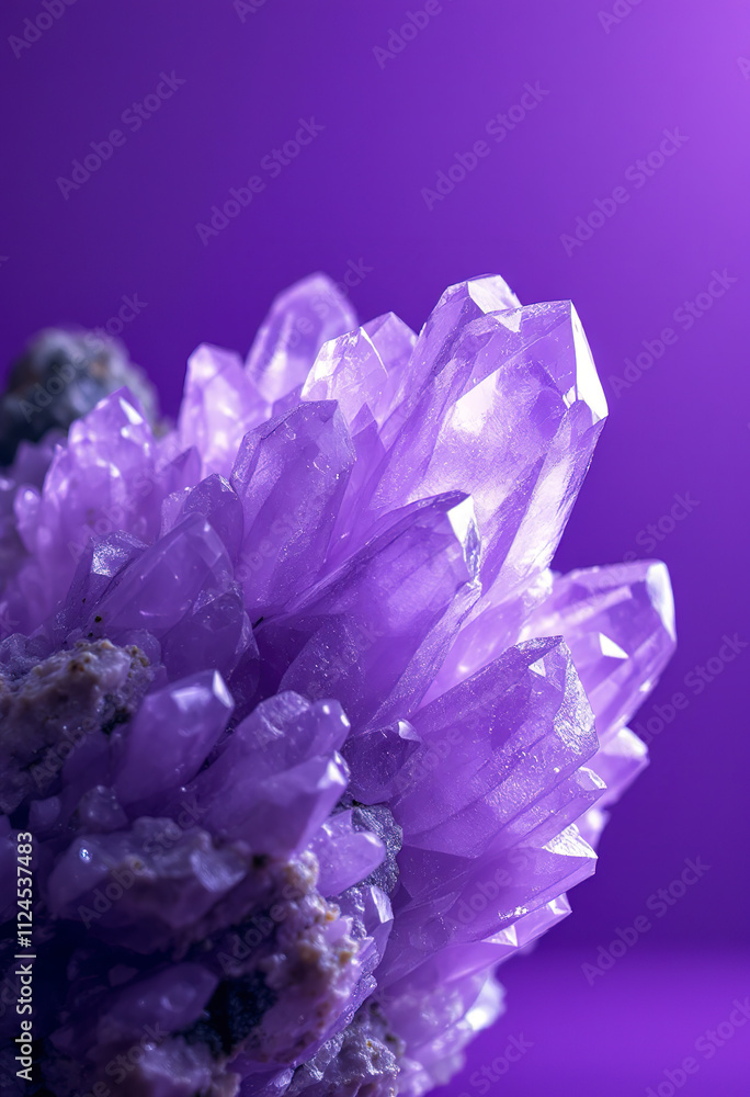 Naklejka premium A close-up view of a purple crystal or gemstone formation against a vibrant purple background