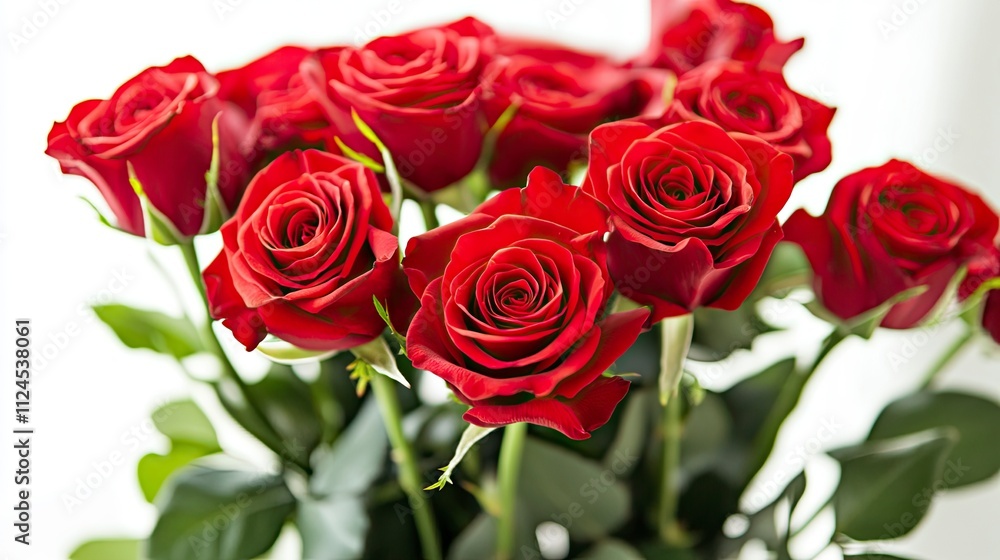 Obraz premium A bouquet of red roses with gift box on a white background. Blooming flowers, festive concept for Mother's Day or Valentine's Day. Greeting card, Easter flat lay, best wishes, copy space.