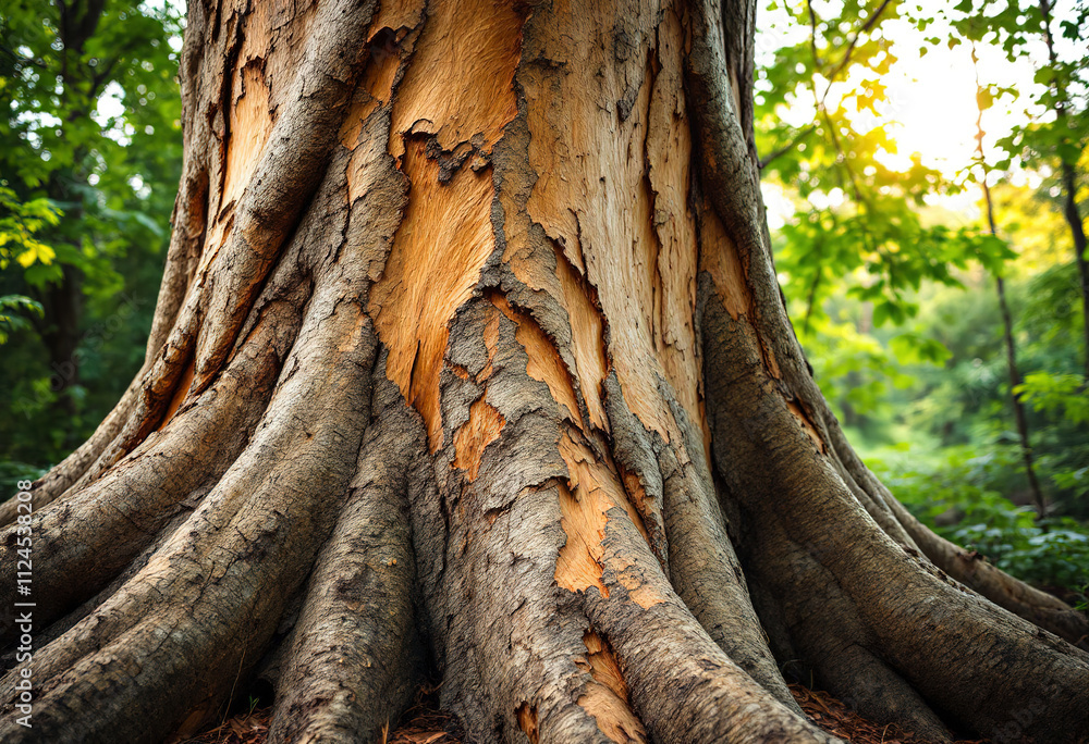 A large tree trunk with peeling bark, surrounded by green foliage