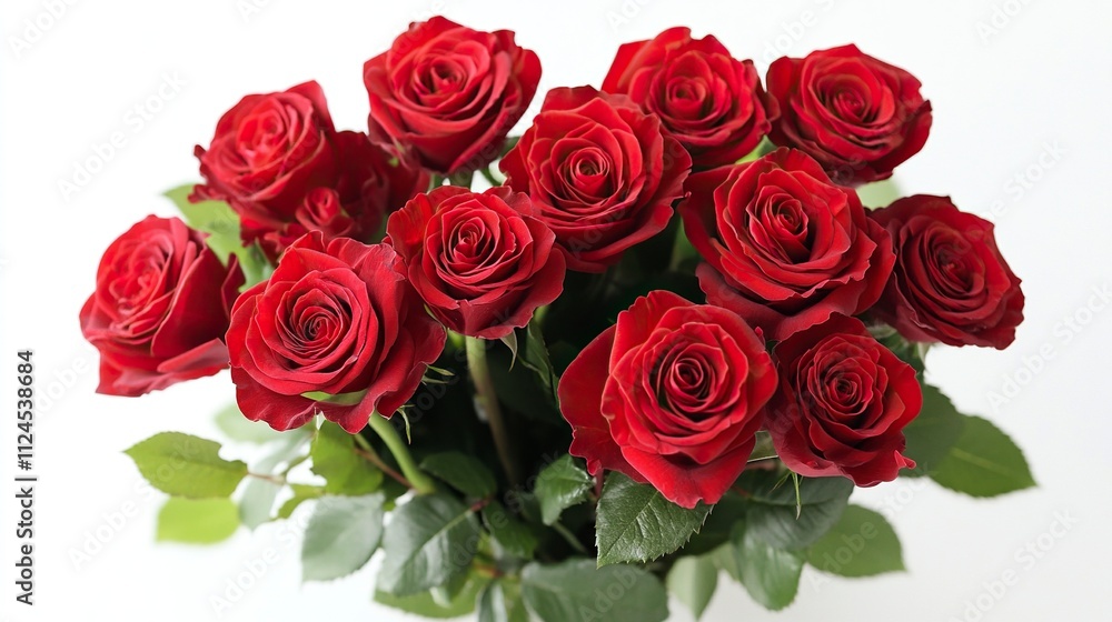Fototapeta premium A bouquet of red roses with gift box on a white background. Blooming flowers, festive concept for Mother's Day or Valentine's Day. Greeting card, Easter flat lay, best wishes, copy space.