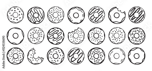 Doodle donuts set. hand drawn outline donut icons. Collection of cute doughnuts. Donut Doodles Sketch of cute donuts.