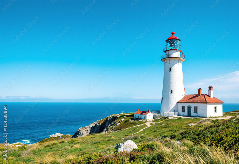 A white lighthouse with a red roof standing on a grassy hill overlooking the ocean under a clear blue sky A white lighthouse with a red roof standing on a grassy hill overlooking the ocean under a clear blue sky