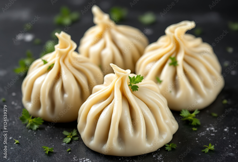 Four white dumplings with green herbs on a dark background Four white dumplings with green herbs on a dark background