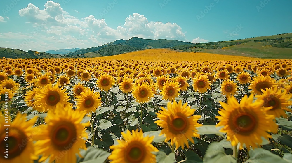 Fototapeta premium Sprawling Sunflower Field Under Bright Blue Sky Creating Sea of Vibrant Yellow Blossoms