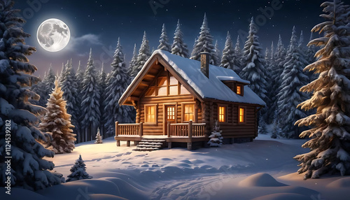 A snowy winter landscape featuring a cozy cabin with warm glowing windows, surrounded by snow-covered pine trees and a full moon in the background, creating a serene Christmas night atmosphere.