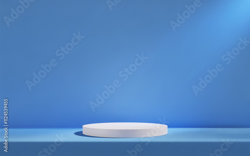 3d white podium in blue empty room with table. Background studio scene with platform for product presentation