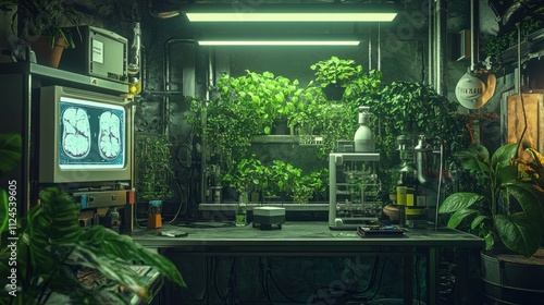 Lush indoor botanical lab with medical equipment. photo