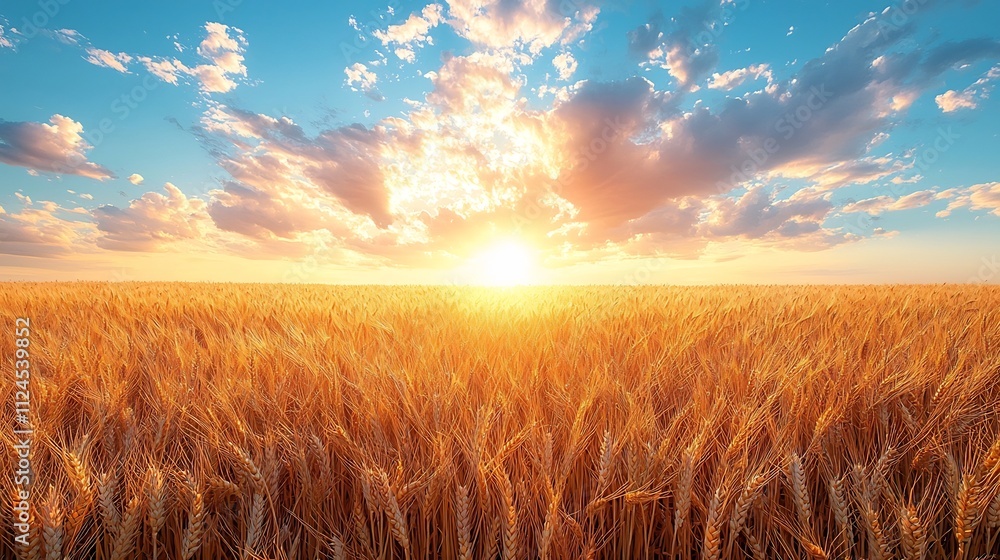 Obraz premium Expansive Golden Wheat Field Under Dramatic Sky with Soft Clouds