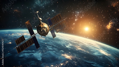 Fototapeta Naklejka Na Ścianę i Meble -  A space station orbiting a glowing planet with a dark starry background, large empty space for text or artwork