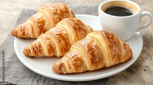 Freshly Baked Croissants Served with a Hot Cup of Coffee on a Rustic Table for Breakfast Delight and Culinary Indulgence