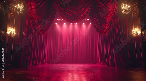 Luxurious red stage curtains dramatic lighting elegant theater venue event wedding party drama concept backdrop banner background empty copy space large dancing hall old Hollywood retro vintage vibes