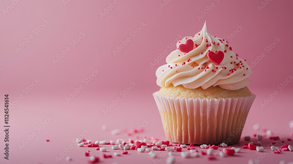 Valentines Day Cupcake treat with buttercream icing and heart sprinkles on a Pink background. copy space. Valentines Day Cupcake treat with buttercream icing and heart sprinkles on a Pink background. copy space.