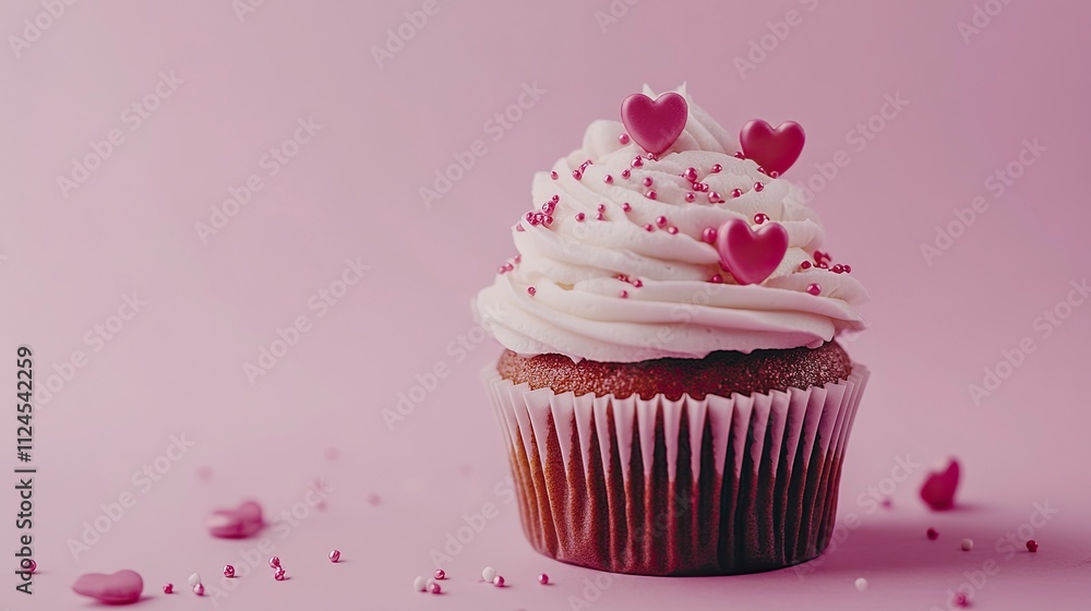 Valentines Day Cupcake treat with buttercream icing and heart sprinkles on a Pink background. copy space. Valentines Day Cupcake treat with buttercream icing and heart sprinkles on a Pink background. copy space.