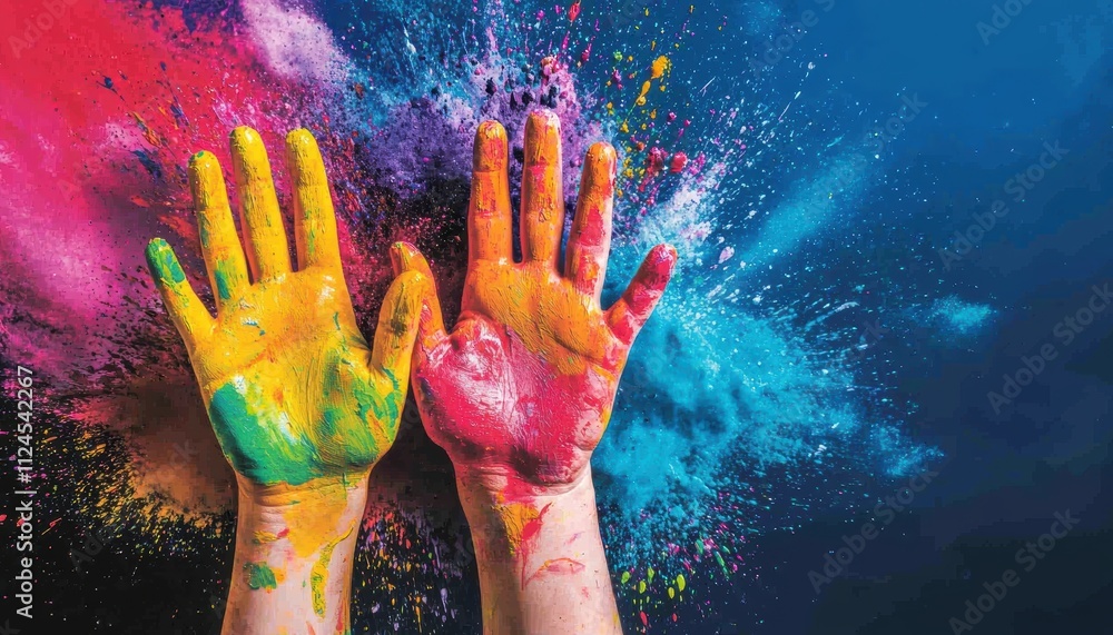 Multicolored paint-splattered hands raised showcasing vibrant creativity perfect for art workshops or playful design projects Multicolored paint-splattered hands raised showcasing vibrant creativity perfect for art workshops or playful design projects