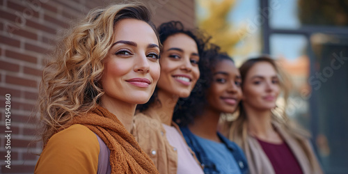 Beauty, happy and skincare women group smile together with healthy, glowing and clean skin. Diverse and natural cosmetic model girls smiling with satisfaction on studio background.
