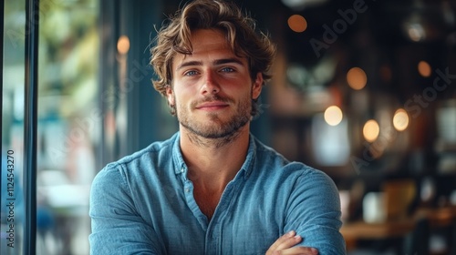 Portrait of a cheerful young businessman standing confidently in a modern office with arms crossed and a smile