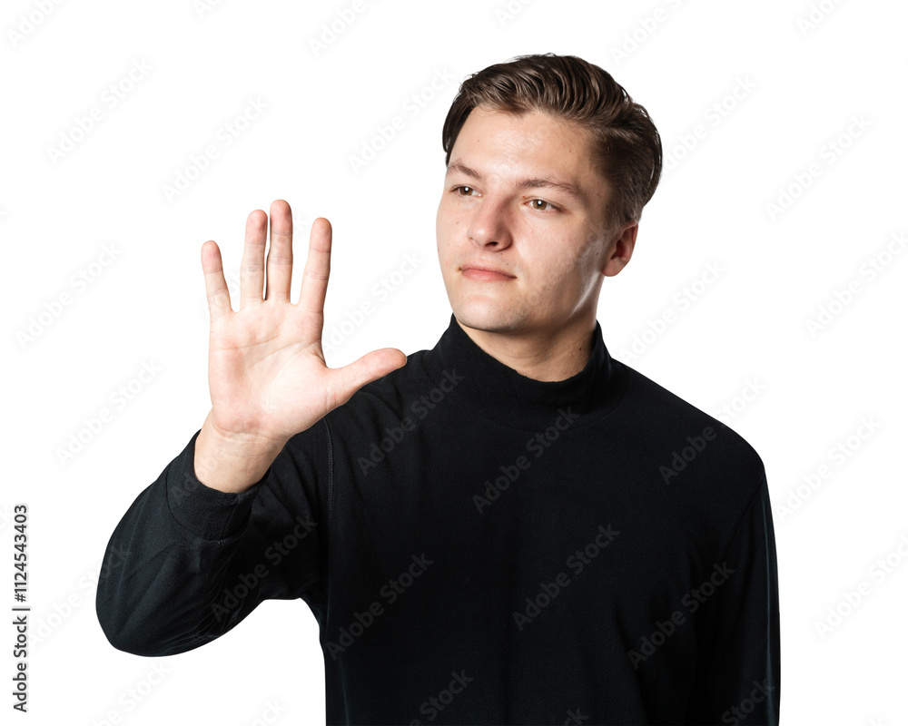 Business man png mockup touching virtual screen Business man png mockup touching virtual screen