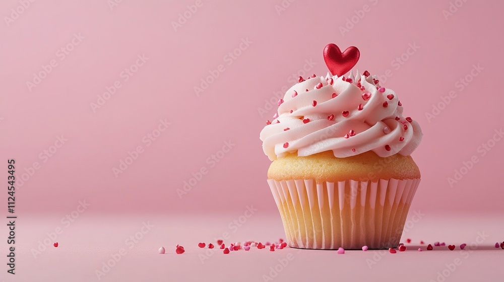 Valentines Day Cupcake treat with buttercream icing and heart sprinkles on a Pink background. copy space. Valentines Day Cupcake treat with buttercream icing and heart sprinkles on a Pink background. copy space.