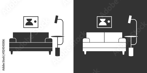 Sofa, coffee table, two modern art posters. Flat style furniture icon. Black on a white background and white on a black background. Interior design concept