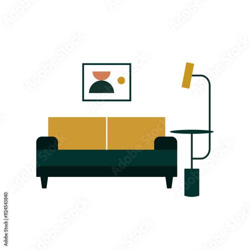 Sofa, floor lamp, modern art poster. Living room interior. Vector color icon in flat style on a white background. Interior design concept