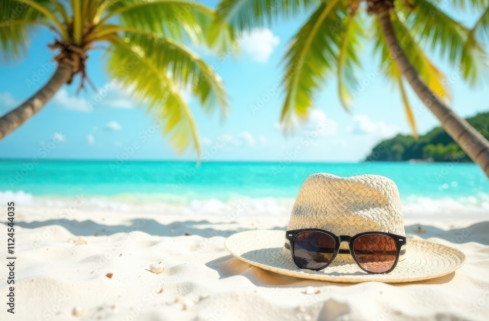 sunglasses and straw hat on the beach with palm trees sunglasses and straw hat on the beach with palm trees