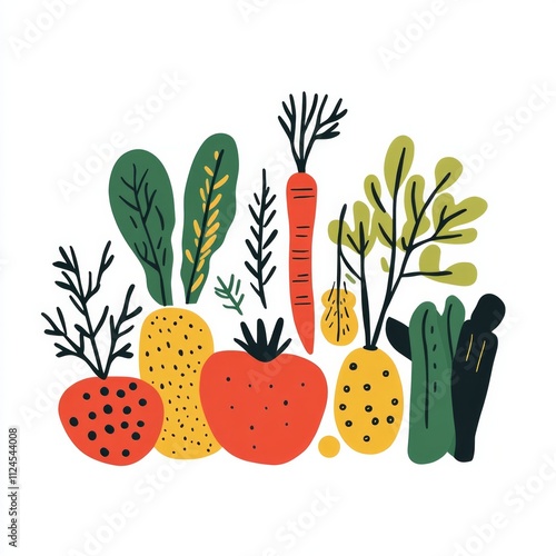 Illustration: Colorful abstract vegetables: illustrated carrot, strawberry, and more Colorful abstract vegetables: illustrated carrot, strawberry, and more