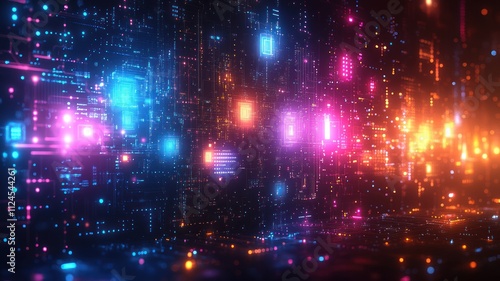 Abstract digital landscape with vibrant lights and data patterns.