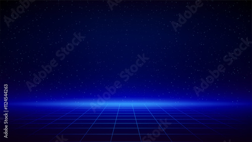 Retro futuristic laser, neon grid background. Synthwave 80s style, neon color. Futuristic 3d dark blue backdrop, geometric sci-fi digital template. Starry sky background, mesh, grid floor. Vector