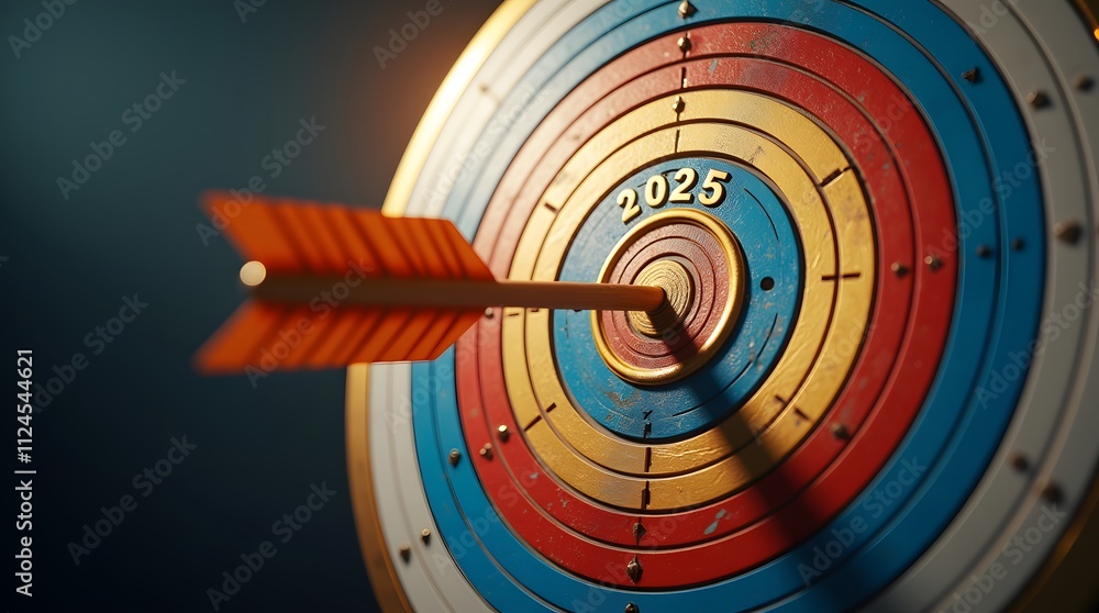 Arrow hits bullseye on 2025 target; achieving goals, success, and new year resolutions. Arrow hits bullseye on 2025 target; achieving goals, success, and new year resolutions.