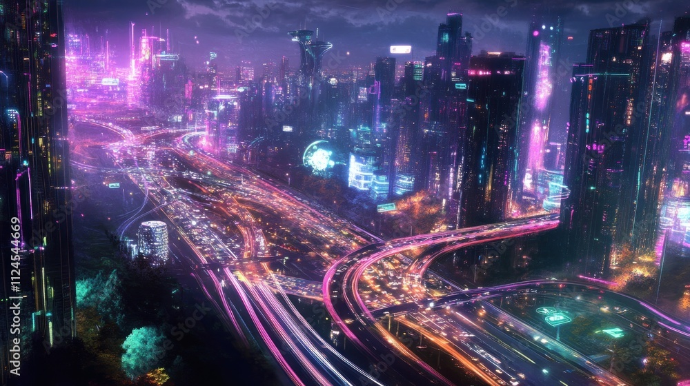 Neon Cityscape Night Highway Traffic Futuristic Architecture Neon Cityscape Night Highway Traffic Futuristic Architecture