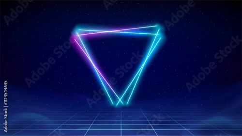 Retro futuristic abstract background. Synthwave 80s style, neon color. Shining triangle, laser, neon grid. 3d dark blue backdrop, digital template. Starry sky background, mesh grid floor. Vector