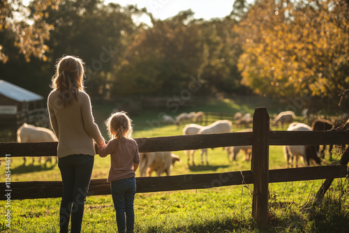 A mother and her daughter stand near a wooden fence, admiring a peaceful farm with grazing sheep and cows during a golden sunset in the countryside