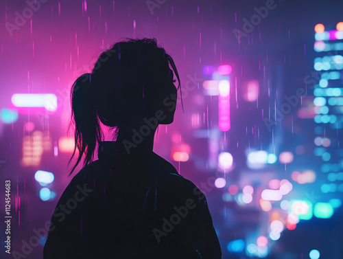 An elegant silhouette of a woman stands against vibrant neon city lights, evoking a sense of mystery and urban experience during a rainy night in the city. photo