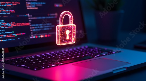 Digital Fortress: A glowing padlock hovers above a laptop keyboard, symbolizing robust online security and data protection. photo