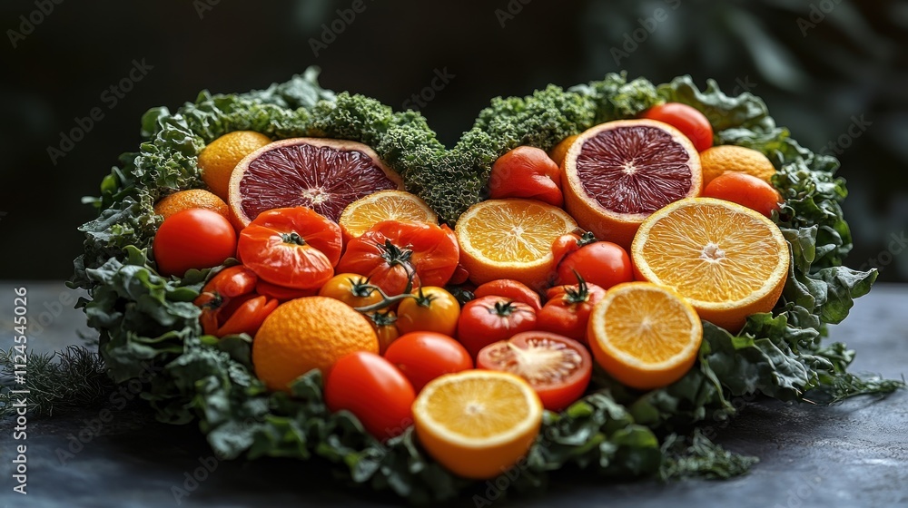 A heart-shaped arrangement of fresh fruits and vegetables. A heart-shaped arrangement of fresh fruits and vegetables.