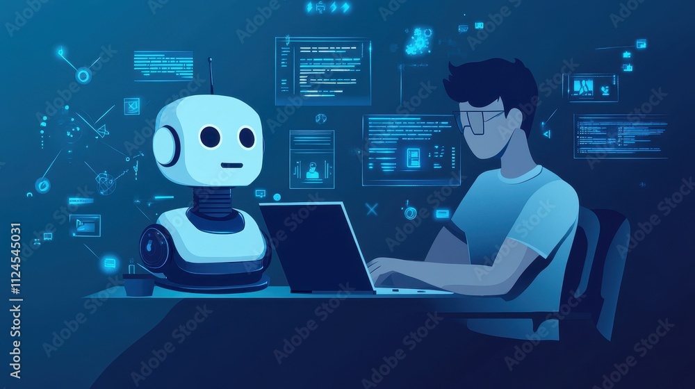 Futuristic Interaction Between Human and Robot in a Digital Workspace with Code and Data Visualizations for Technology and Innovation Themes Futuristic Interaction Between Human and Robot in a Digital Workspace with Code and Data Visualizations for Technology and Innovation Themes