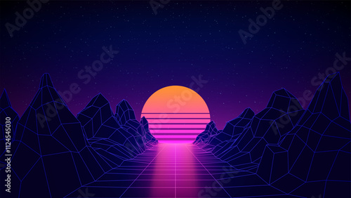 Retro futuristic abstract background. Synthwave 80s style, neon color, laser grid. Sun, mountain. 3d dark blue backdrop, digital template. Starry sky background, mesh grid floor. Vector