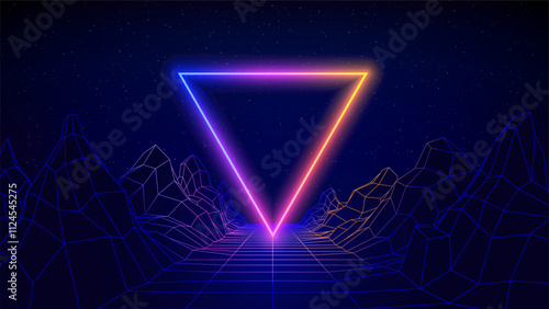 Retro futuristic abstract background. Synthwave 80s style, neon color, laser grid. Shining triangle, mountain. 3d dark blue backdrop, digital template. Starry sky background, mesh grid floor. Vector