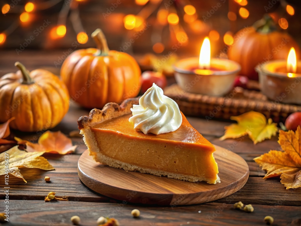 A Beautifully Captured Slice of Pumpkin Pie with Whipped Cream Surrounded by Autumn Decor, Perfect for Celebrating Fall and Thanksgiving in a Cozy Atmosphere A Beautifully Captured Slice of Pumpkin Pie with Whipped Cream Surrounded by Autumn Decor, Perfect for Celebrating Fall and Thanksgiving in a Cozy Atmosphere