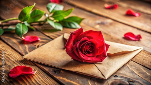 A Beautiful Red Rose on a Kraft Envelope - Captivating Floral Still Life with Tilt-Shift Photography for a Touch of Elegance and Charm in Your Space