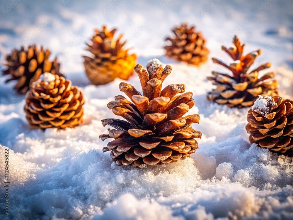 A Beautiful Snowy Landscape with a Group of Pine Cones Nestled in Fresh White Snow, Capturing the Winter Essence and Natural Beauty of the Outdoors in a Serene Setting A Beautiful Snowy Landscape with a Group of Pine Cones Nestled in Fresh White Snow, Capturing the Winter Essence and Natural Beauty of the Outdoors in a Serene Setting