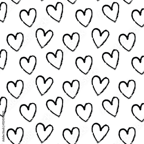 Seamless heart pattern. Hand painted ink brush. Black and white.